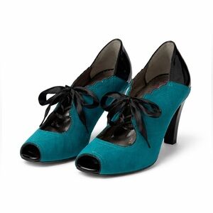Poetic Licence London Teal Lace Up Heels Size 8 Peep Toe Satin Ribbon Pumps